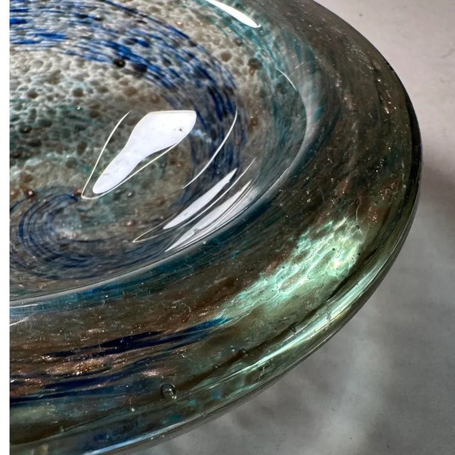Blue Italian Hand Blown Green Blue and Copper Thick Glass Catchall Bowl Murano Attributed For Sale - Image 8 of 10