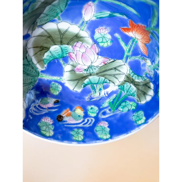 Vintage Chinoiserie Blue Bowl With Lily Pad and Mandarin Ducks For Sale - Image 4 of 9