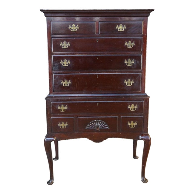 Mid Century Kaplan Furniture Mahogany Queen Anne Highboy Chest on Chest Dresser For Sale