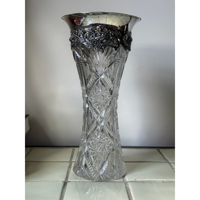 American Brilliant Cut Crystal Vase With Sterling Silver Neck Collar in Ornate Repousse Floral Design For Sale - Image 4 of 11
