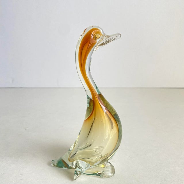 Murano Vintage 50s Murano Glass Duck Goose Sommerso Art Glass Bird Amber Yellow Statue Alfredo Barbini For Sale - Image 4 of 9