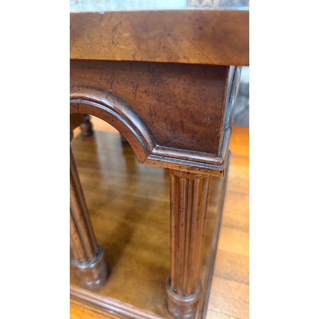 Pair of Drexel Classic Court Burl Walnut Arcaded End Tables With Glass Tops, 1975 For Sale - Image 12 of 13