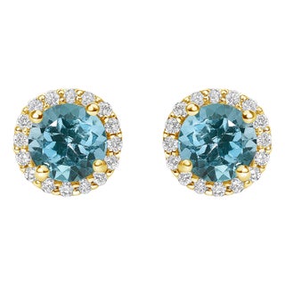 10K Yellow Gold Blue Topaz and 1/6 Cttw Diamond Halo Stud Earrings, A Pair For Sale