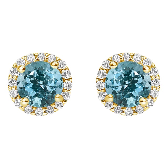 10K Yellow Gold Blue Topaz and 1/6 Cttw Diamond Halo Stud Earrings, A Pair For Sale