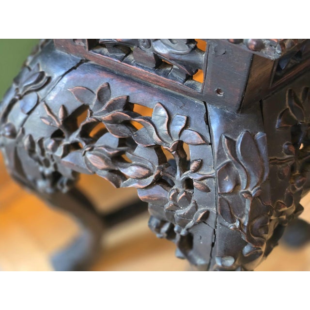 Antique Carved Rosewood Asian Plant Stand Pink Marble Inlay Intricate Floral Detail For Sale - Image 4 of 6