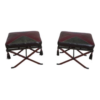 Pair Fine Quality Leather Seat Iron Base X Benches For Sale