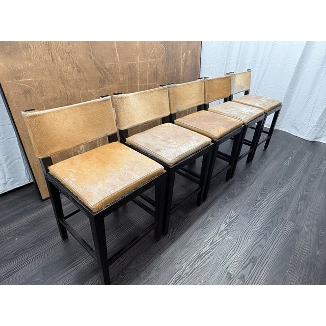 Rh Saddle Hair-on-Hide Counter Stools – Set of 5 Designed by Barlas Baylar | Camel Hair-on-Hide | Black Oak Finish For Sale - Image 15 of 16