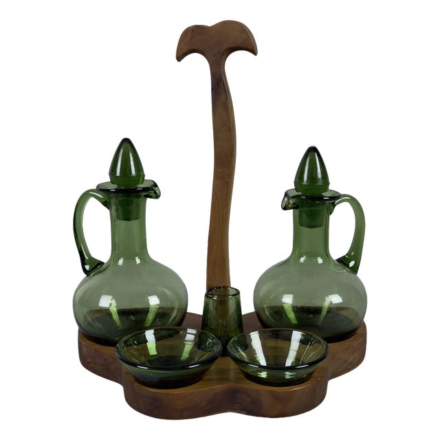Murano Glass Oil and Vinegar Set in Emerald Green, 1970s, Set of 6 For Sale
