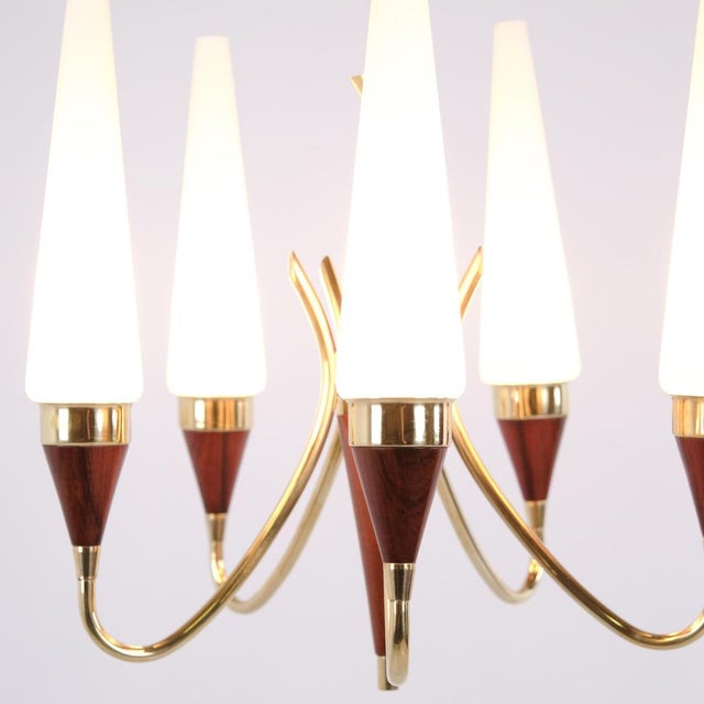 5-Arm Chandelier in Brass and Teak with Opal Glass by Bent Karlby for Lyfa 1960s For Sale - Image 12 of 13