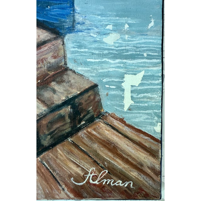 Lovely midcentury harbor painting signed Alman on lower right corner. Beautiful acrylic paint colors on canvas. Titled...