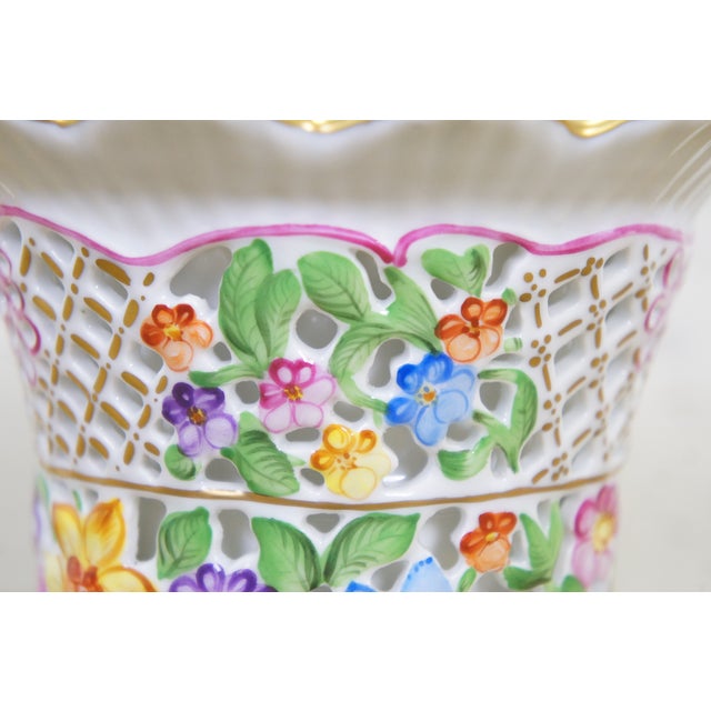 Vintage Herend Hungary Handpainted Openwork Basketweave Pierced Porcelain Vase For Sale - Image 6 of 14