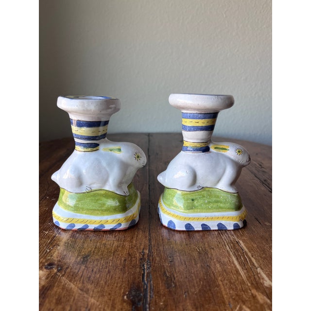 Late 20th Century Pair of Hand Painted Bunny Rabbit Terracotta Candlestick Holders, Made in Portugal For Sale - Image 5 of 11