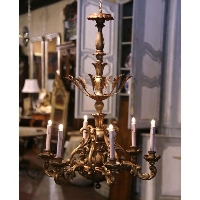 Early 20th Century Early 20th Century French Rococo Carved Giltwood Six-Light Chandelier For Sale - Image 5 of 6
