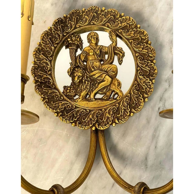 1950s French Bronze & Mirror Medallion 'America & Europe' Wall Sconces - A Pair For Sale - Image 9 of 11