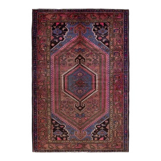 Vintage Handmade Persian Red Geometric Wool Rug 4'9" X 6'9" For Sale