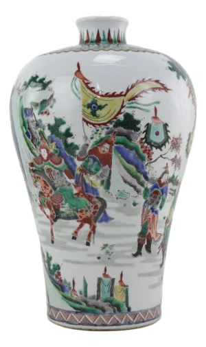 Antique Chinese Kangxi Period Plum Vase With Five-Colored Figures and Stories, Marked With the Kangxi Reign