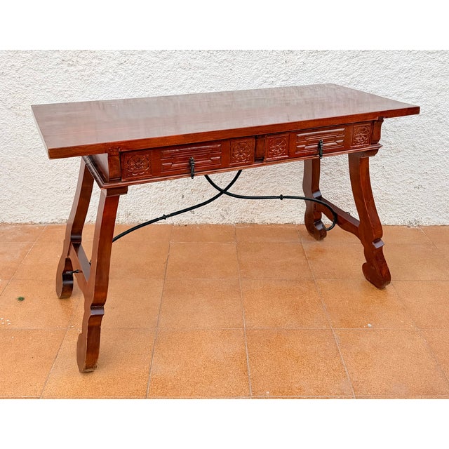 Baroque Spanish Baroque Style Carved Wooden Console Table with Wrought Iron Stretcher, 1930 For Sale - Image 3 of 10