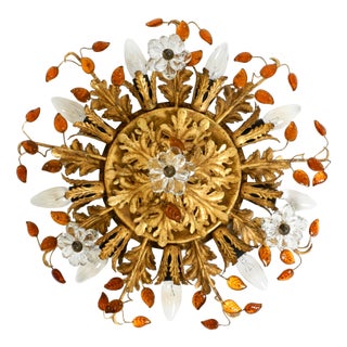 Large Italian Gilt Ceiling Lamp in Glass by Banci Firenze, 1960s For Sale