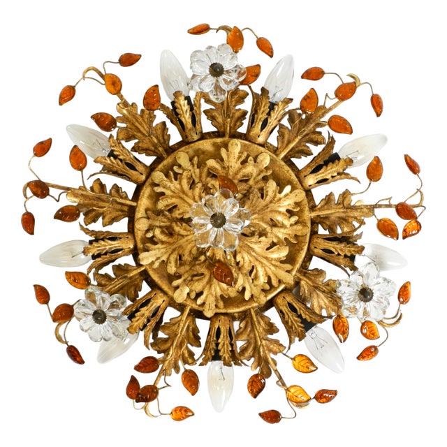 Large Italian Gilt Ceiling Lamp in Glass by Banci Firenze, 1960s For Sale