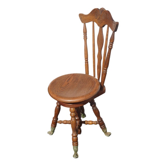 Antique French Country Chair ~ Piano Swivel Stool W Backrest & Cast Iron Feet For Sale