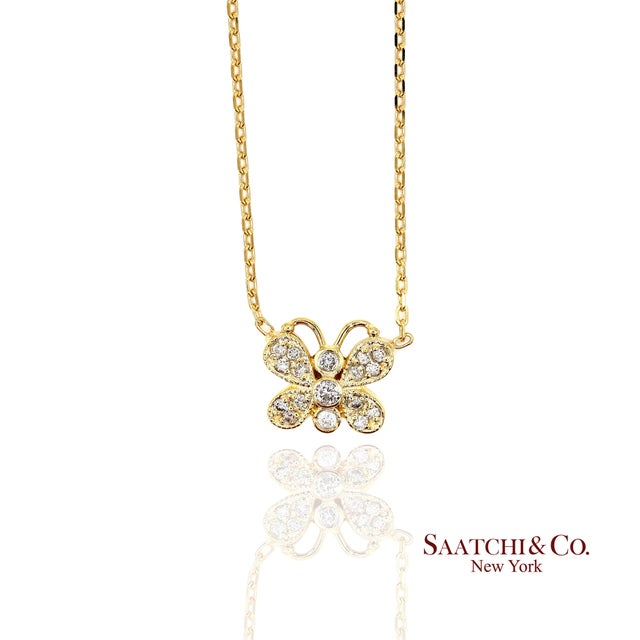Contemporary 14k(585) Yellow Gold Natural Diamond Butterfly Pendant Necklace With Chain For Sale - Image 3 of 12