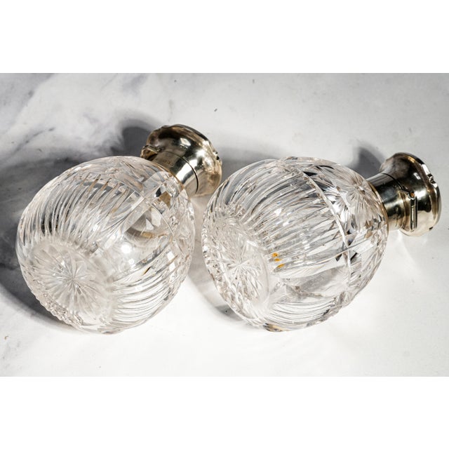 Exceptional Pair Antique English Cut Crystal Perfume Bottles Sterling Silver & Blue Enamel Tops Edwardian Vanity Set Home Decor For Sale - Image 14 of 18