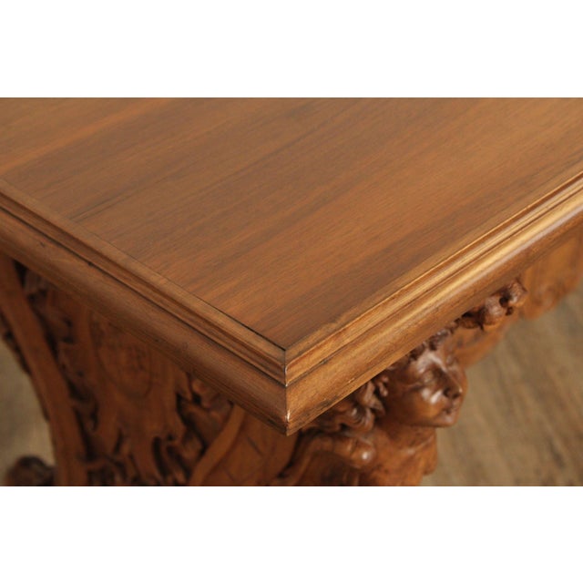 Antique Italian Renaissance Revival Carved Walnut Library Table For Sale - Image 4 of 12