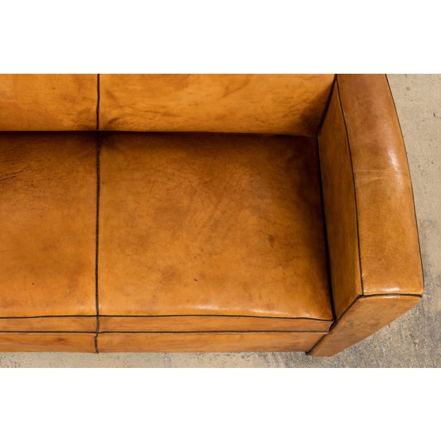 1920s French Art Deco Cognac Leather Club Sofa For Sale - Image 4 of 18