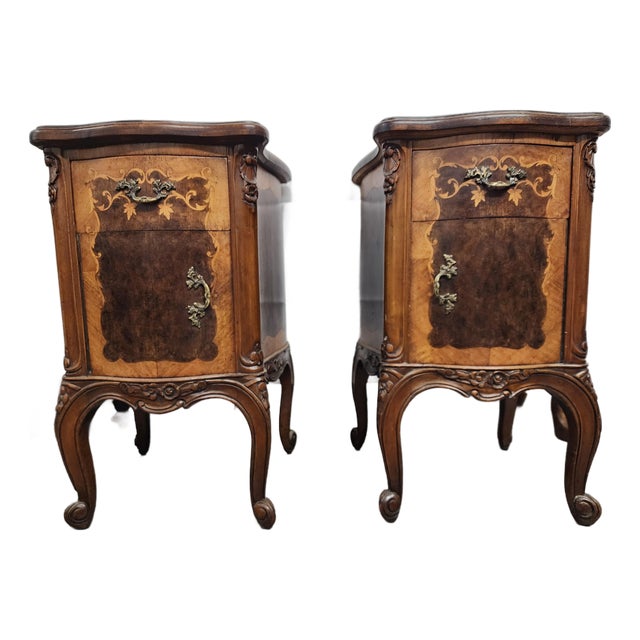 1940s Pair of Beautiful Inlay Rococo Nightstands For Sale
