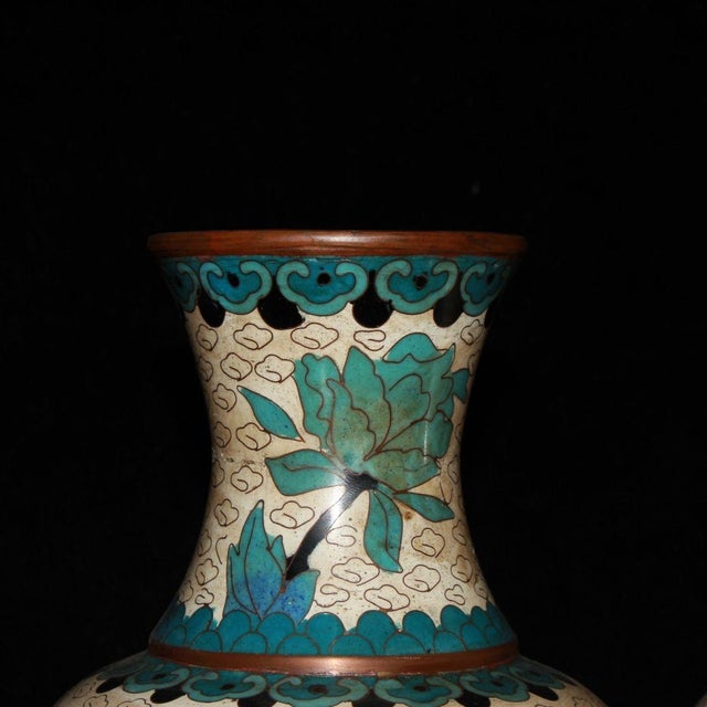 Beige Pair of Chinese Cloisonné Enamel Vases With Floral & Bird Motif For Sale - Image 8 of 9