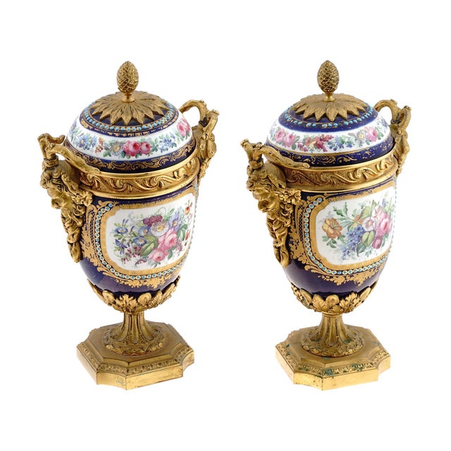 19th Century 1880s Sevres Style Rococo Blue Porcelain Urns-Pair For Sale - Image 5 of 10