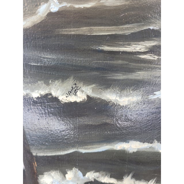 Mid 20th Century Mid-Century Nautical Ship Oil Painting on Live-Edge Wood Slab-Signed For Sale - Image 5 of 9