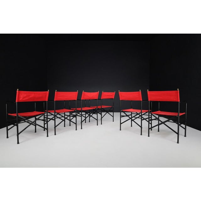 Directors Folding Chair in Lacquered Steel Frame, Brass, Red Canvas Seat, 1980s For Sale - Image 3 of 11