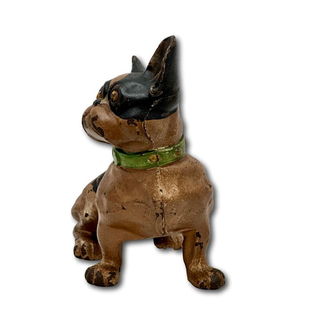 Metal Vintage 1930s Hubley Manufacturing Co. Cast Iron French Bulldog Doorstop Unusual Green Collar For Sale - Image 7 of 18