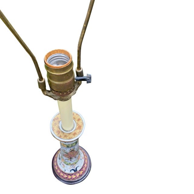 Traditional 1980s Ceramic Floral Candlestick Lamps With Burlap Shade - a Pair For Sale - Image 3 of 6