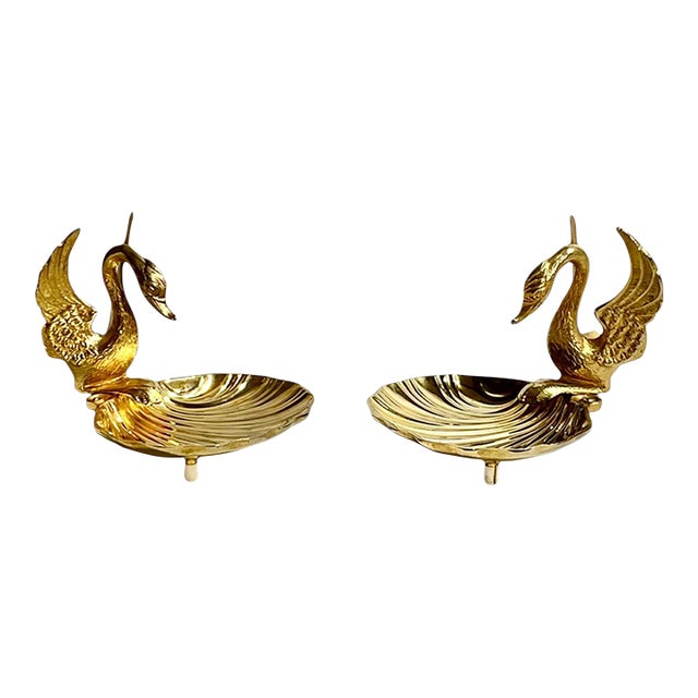 Pair of Vintage Brass Swan & Shell Soap Dishes in the Style of Sherle Wagner For Sale