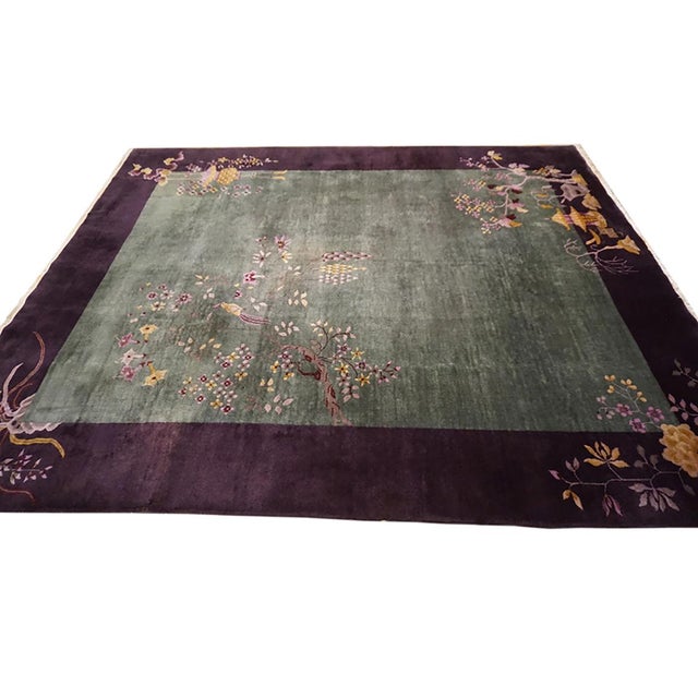 1920s Green Floral Modern Antique Hand Knotted Pile Wool Chinese Art Deco Carpet 7'11" X 9' 4" Rug For Sale - Image 11 of 11
