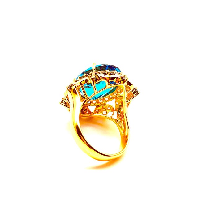 Bochic "Orient" Vintage Blue Topaz, Sapphire & Diamonds Ring S18K Gold & Silver For Sale - Image 14 of 18