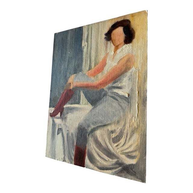 An original vintage oil painting depicting a seated woman in a relaxed pose, dressed in a white sleeveless blouse, light...