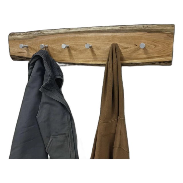 One-of-a-Kind Handcrafted Live Edge Cherry Wood Wall Hanger - Rustic Entryway Decor With Metal Pegs/Hooks For Sale