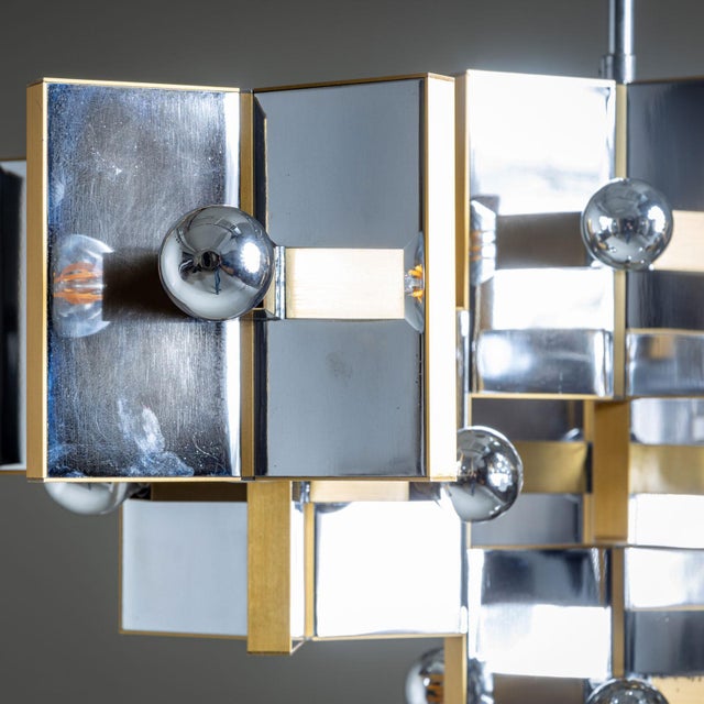 Metal Chrome and Brass Chandelier by Gaetano Sciolari, Italy, 1970s For Sale - Image 7 of 18