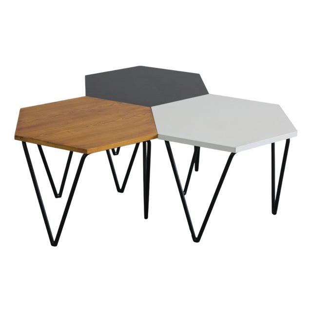 Hexagonal Coffee Tables in Wood and Metal by Gio Ponti from ISA, 1950s, Set of 3 For Sale