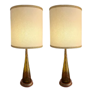 Pair of Vintage 1960s Mid-Century Modern Amber Glass Table Lamps Mahogany Brass Greek Key
