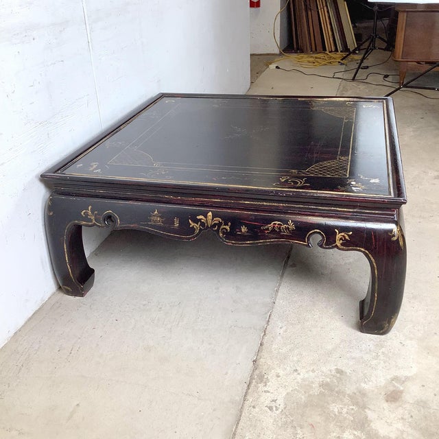 Vintage Black Lacquer Chinoiserie Cocktail Table With Gilt Decoration For Sale - Image 4 of 12