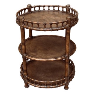 Three Tier Dark Rattan Bamboo and Leather Rolling Bar Cart For Sale