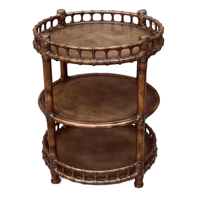 Three Tier Dark Rattan Bamboo and Leather Rolling Bar Cart For Sale