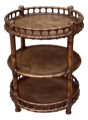 Three Tier Dark Rattan Bamboo and Leather Rolling Bar Cart