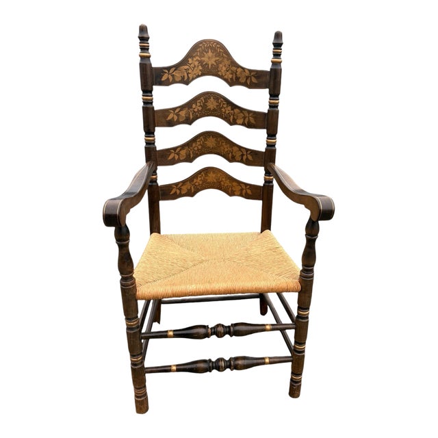 Vintage American Primitive Style Solid Wood Rustic Ladder Back Rush Seat Dining Armchair Painted Backrest For Sale