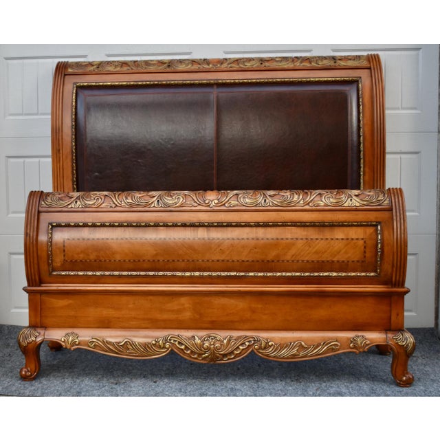 Legacy Pine Upholstered Sleigh Bed Carved and Inlaid Ornate Queen Frame For Sale - Image 15 of 18