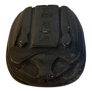 Vintage Egyptian Hand-Carved Black Serpentine Stone Scarab Plaque With Hieroglyphic Motifs For Sale